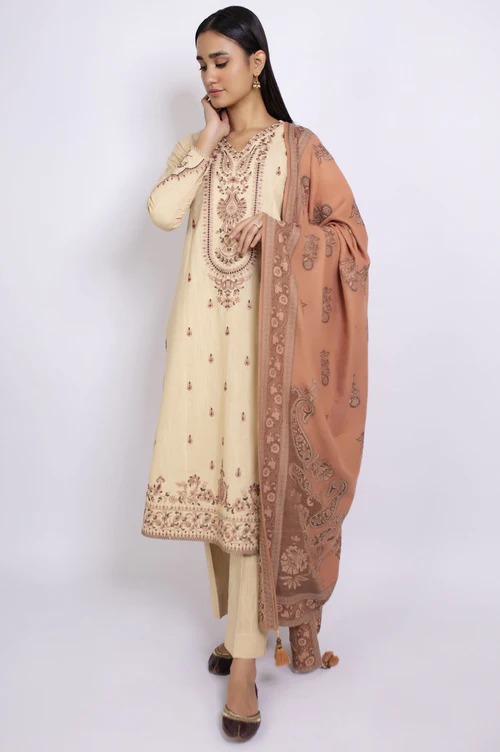 Unstitched 3 Piece Embroidered Khaddar shirt with Jacquard Shawl
